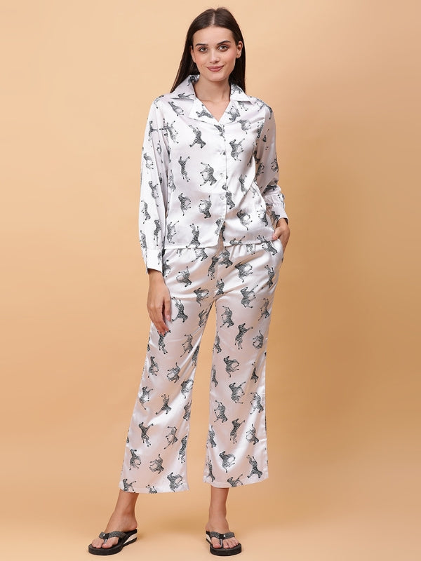 White Poly Satin Night Suit with Zebra Print