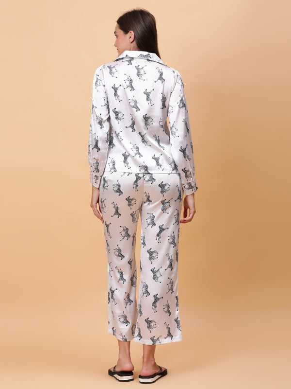 White Poly Satin Night Suit with Zebra Print