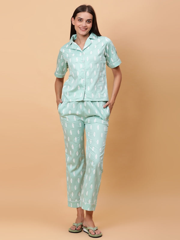 Soft Teal Cotton Satin Night Suit with Full lenght of Bottom and White Print