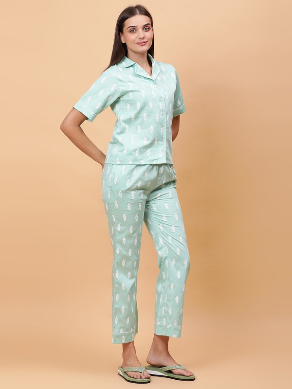 Soft Teal Cotton Satin Night Suit with Full lenght of Bottom and White Print
