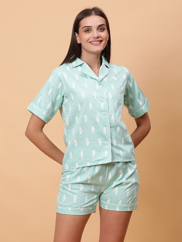 Soft Teal Short Cotton Satin Night Suit with White Print