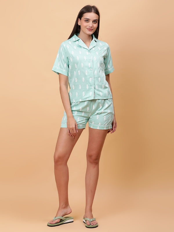 Soft Teal Short Cotton Satin Night Suit with White Print