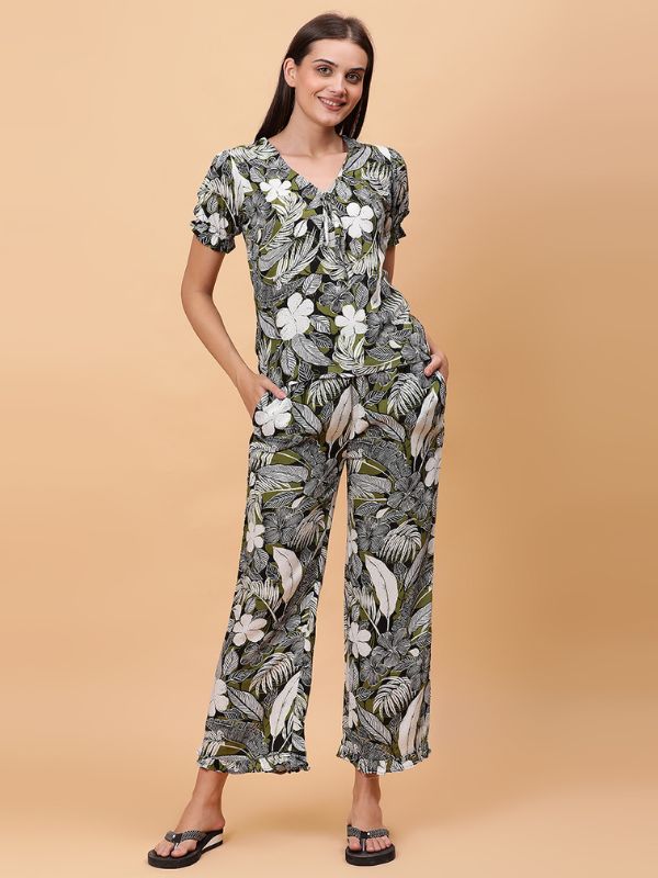 White/Gray Rayon Night Suit with Full Bottom Lenght Floral Print