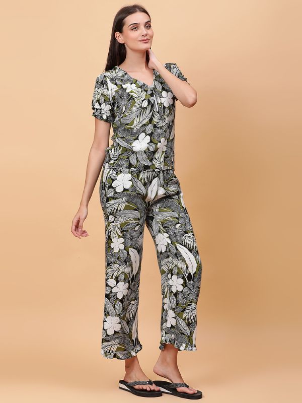 White/Gray Rayon Night Suit with Full Bottom Lenght Floral Print