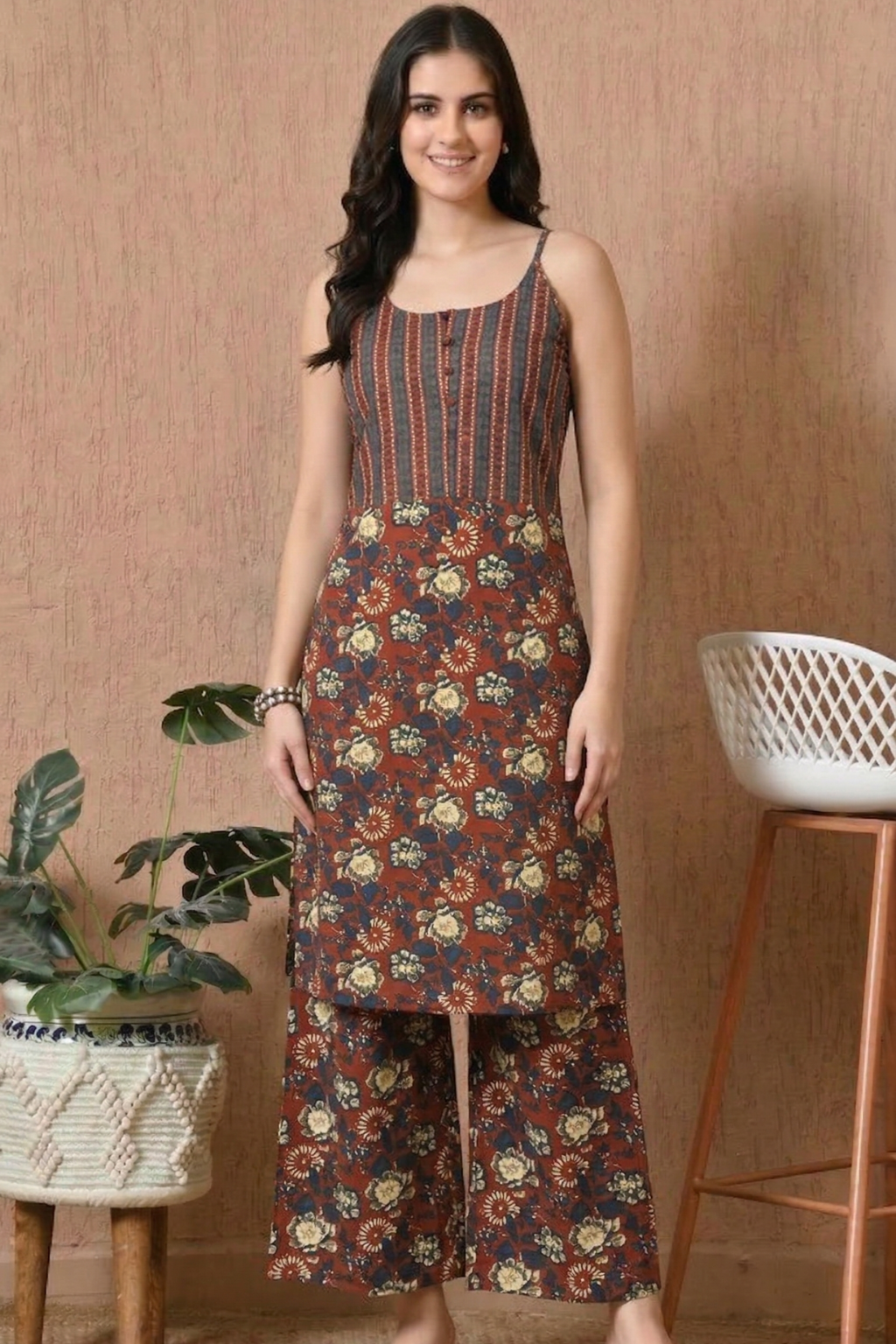 Brown Floral Printed Cotton Kurti for Women