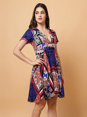 Women Fit and Flare Blue, Red Dress