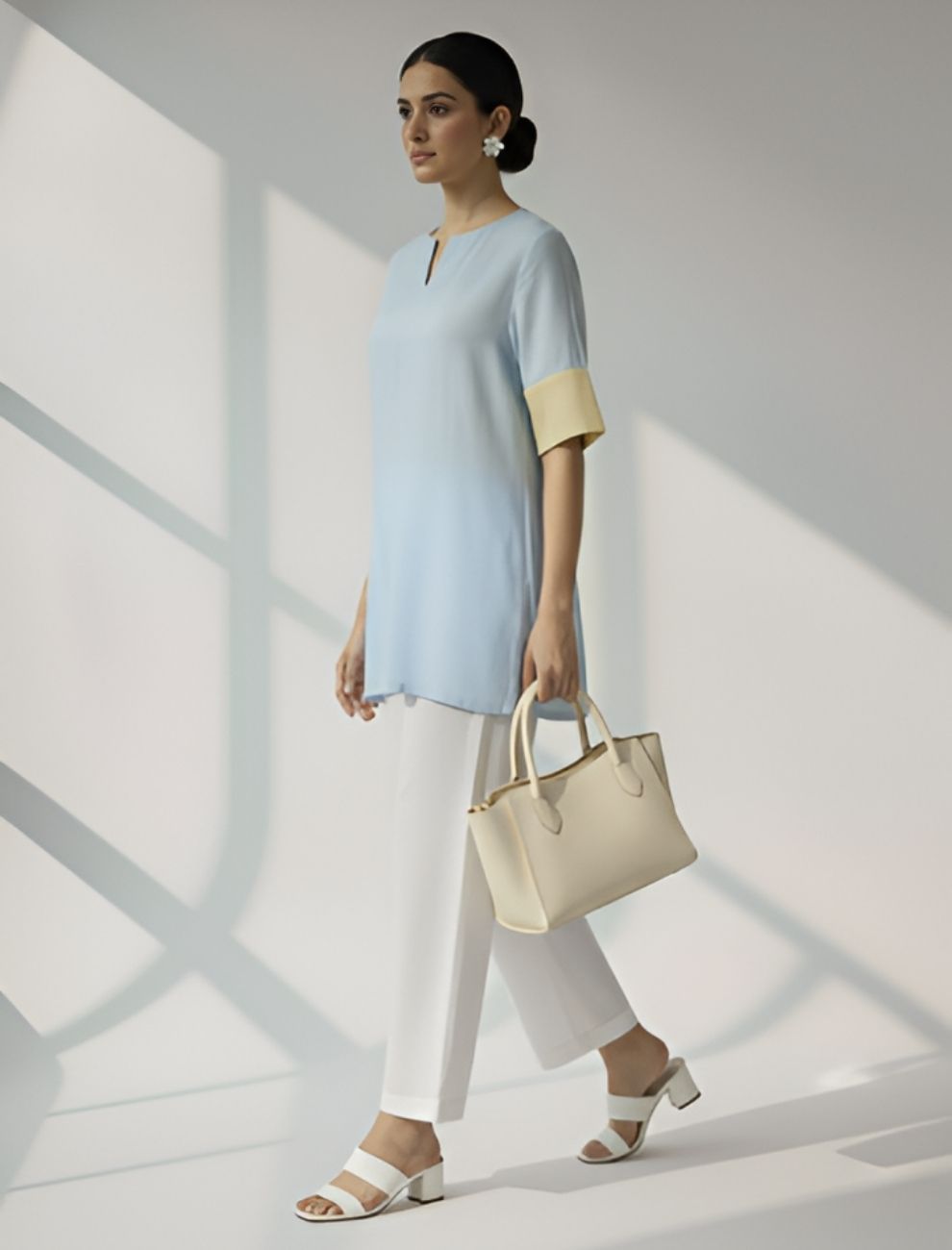 Half-Sleeve Kurti in Sky Blue & Lemon Yellow