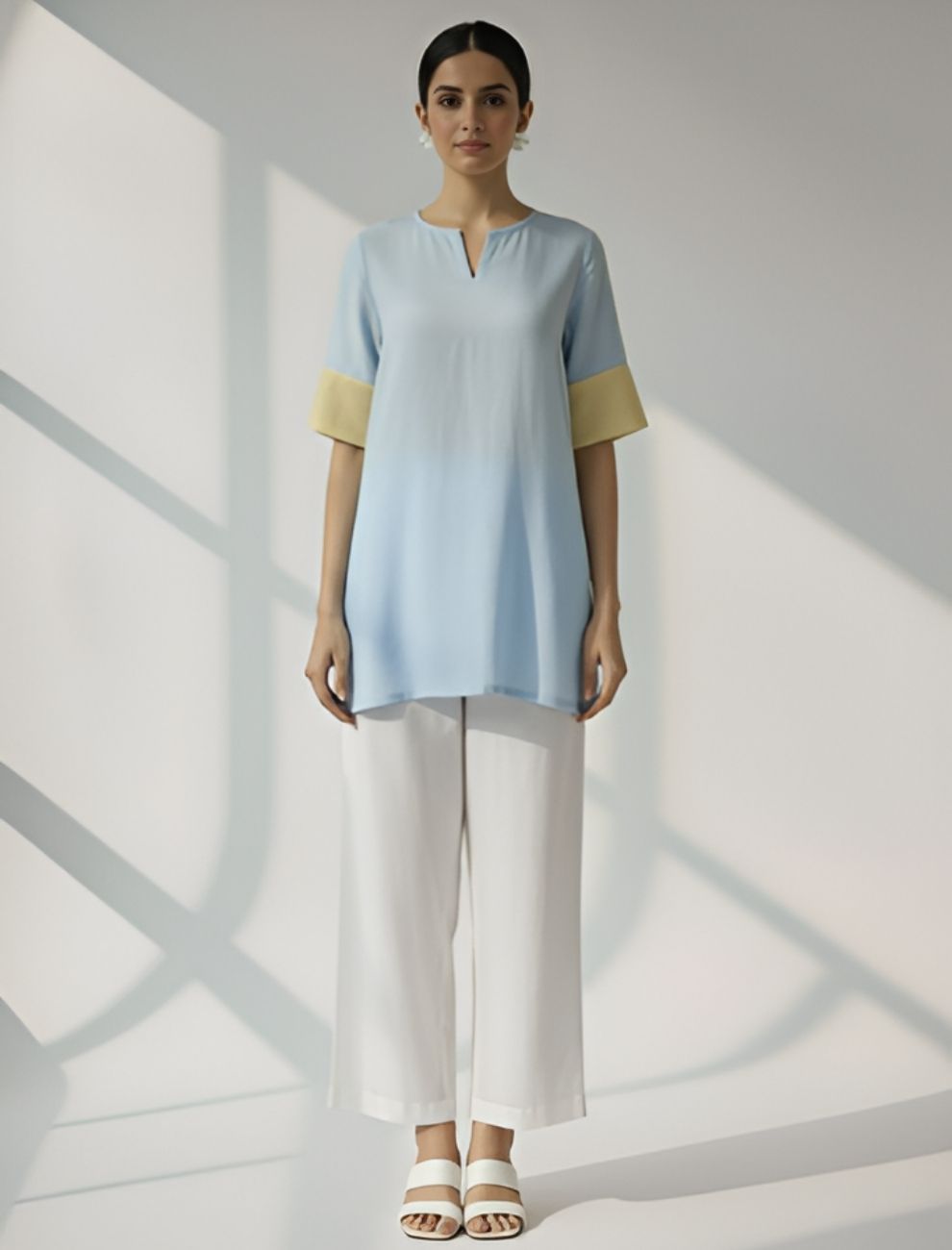 Half-Sleeve Kurti in Sky Blue & Lemon Yellow