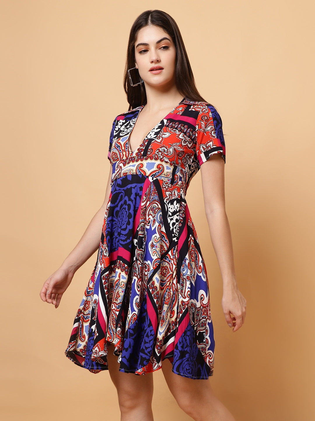 Women Fit and Flare Blue, Red Dress