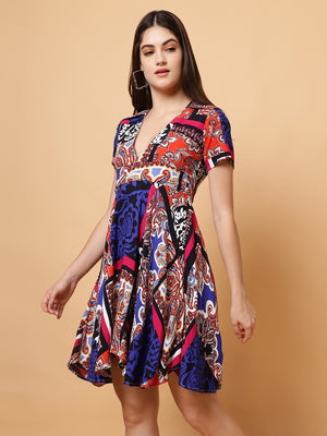 Women Fit and Flare Blue, Red Dress