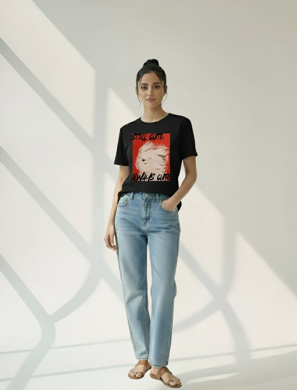 Women’s Black Graphic T-Shirt – “Still Cute Always Cute” Print | Single Jersey Cotton | Unifringe