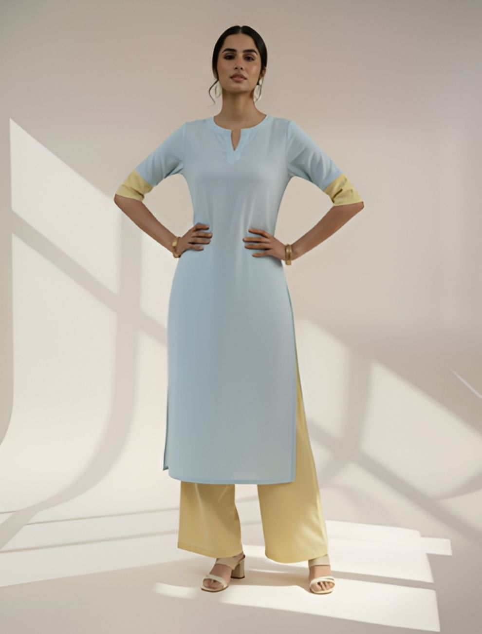 Sky Blue & Butter Yellow Cotton Kurta Set with Elegant Design