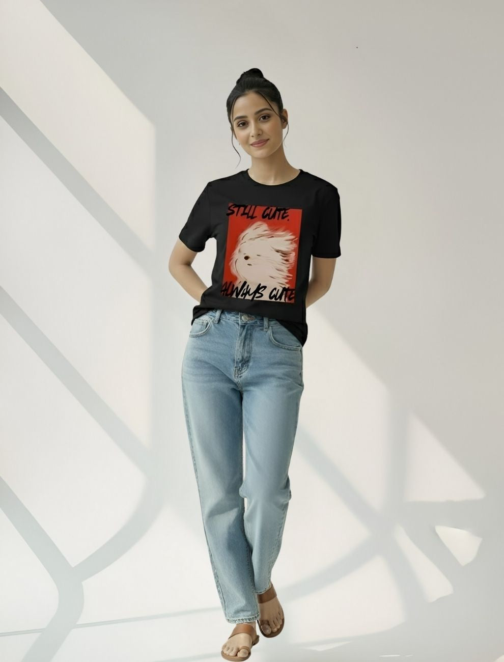 Women’s Black Graphic T-Shirt – “Still Cute Always Cute” Print | Single Jersey Cotton | Unifringe