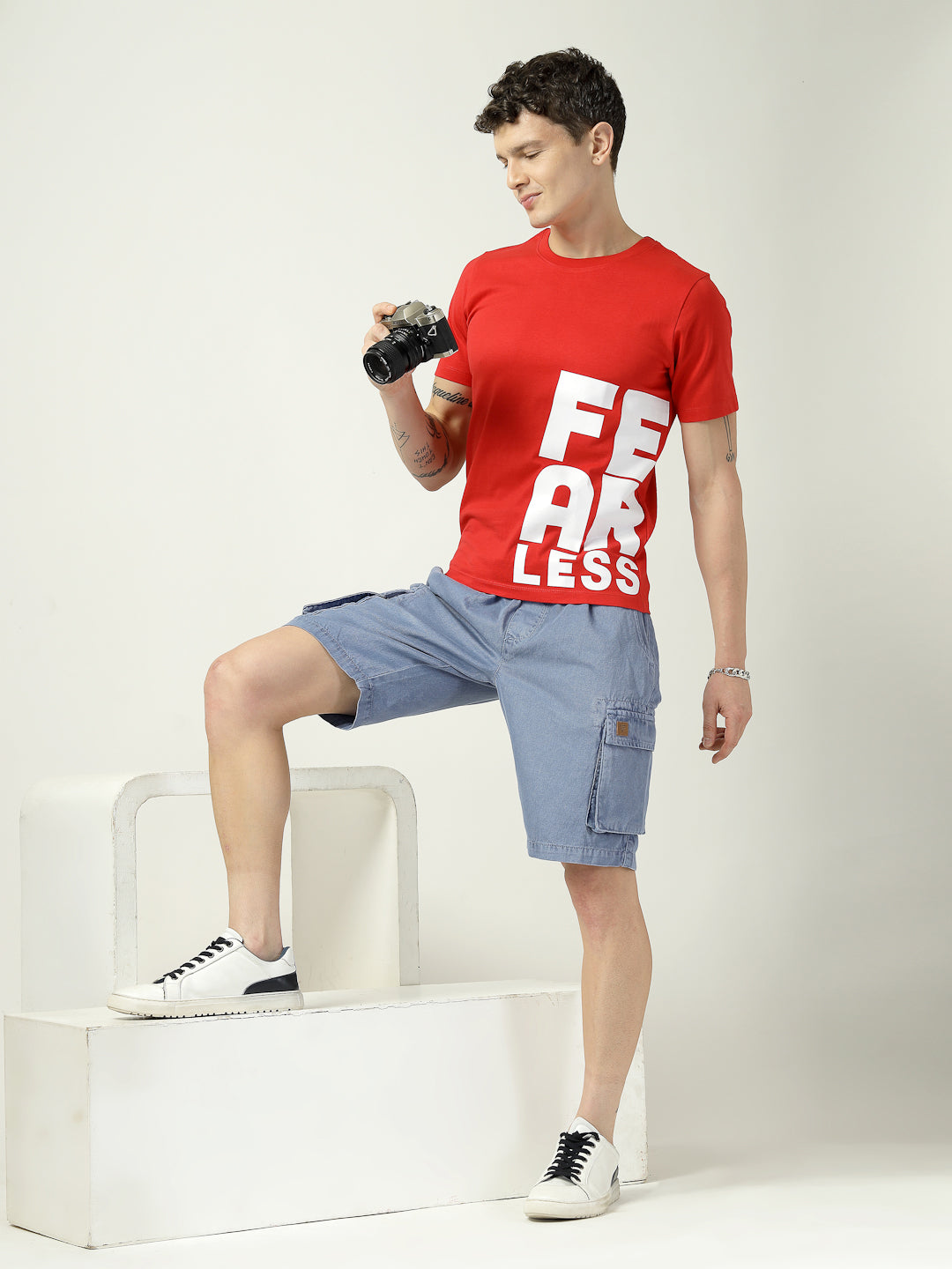 Men’s Red Graphic T-Shirt  FEARLESS Bold Print Cotton Casual Slim Fit Tee for Men