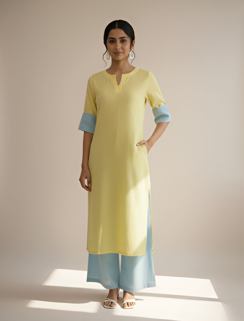 Lemon Yellow & Sky Blue Cotton Kurta Set with Elegant Design