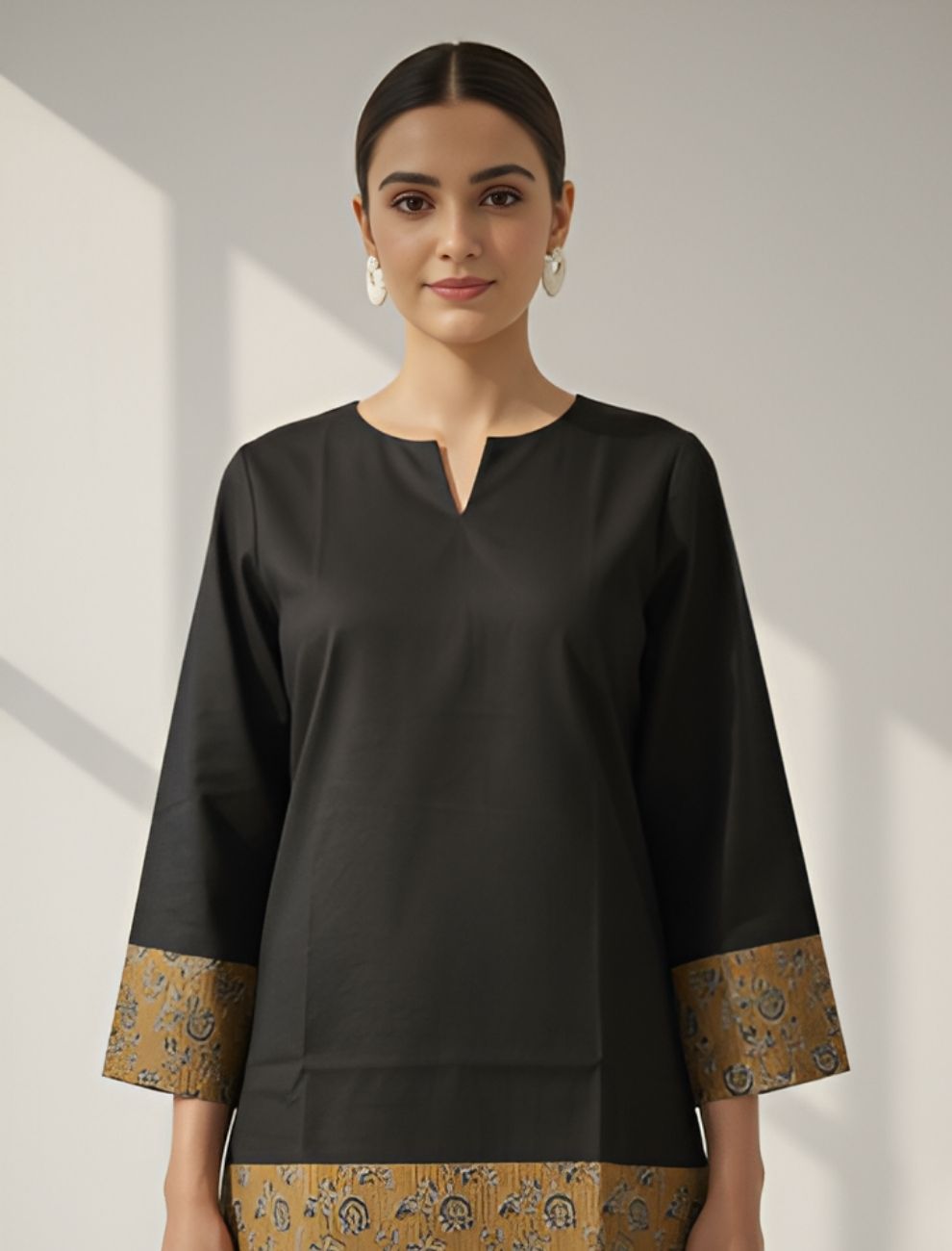 Black & Antique Gold Cotton Kurta Set