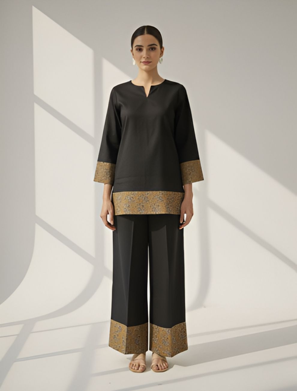 Black & Antique Gold Cotton Kurta Set