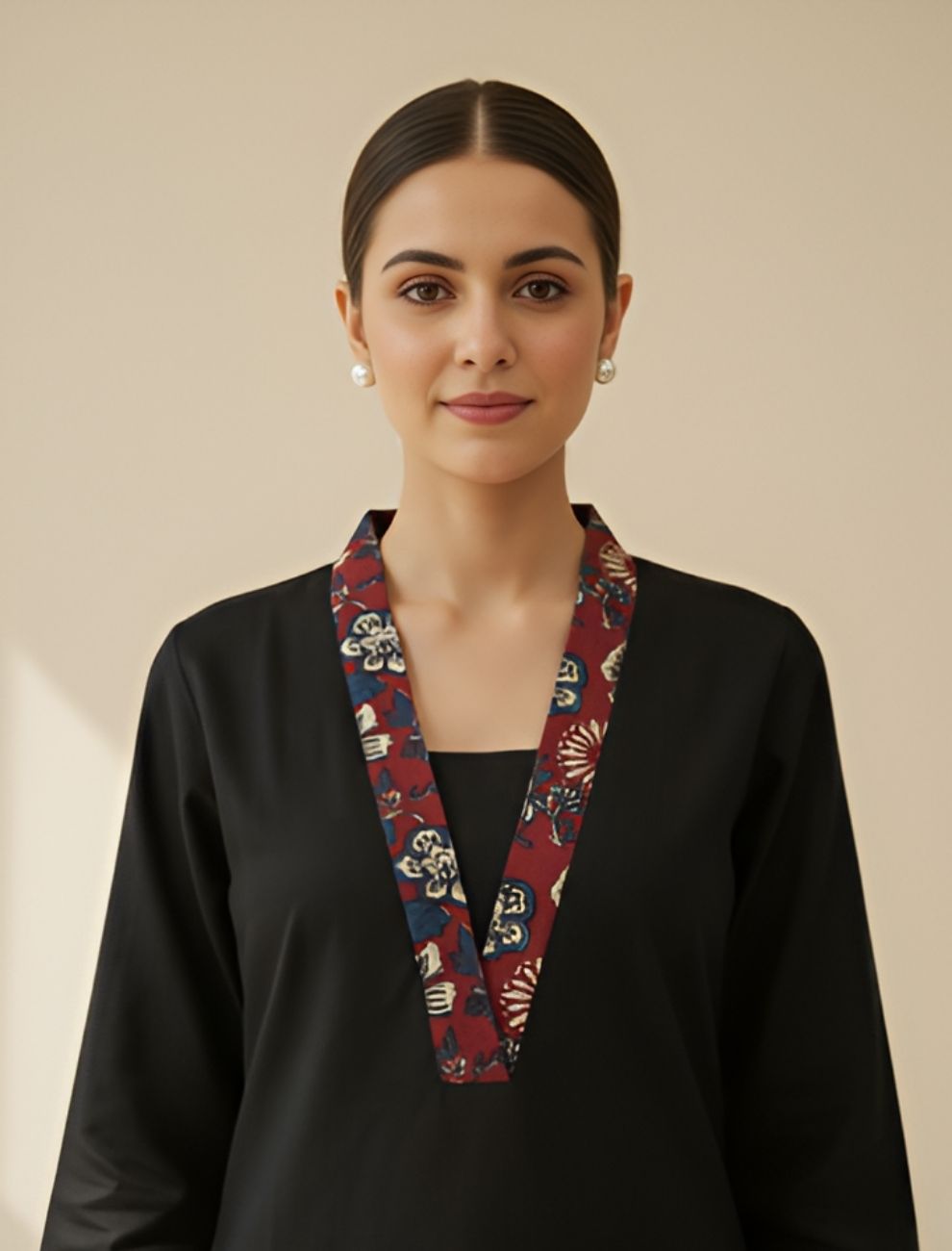 Black & Maroon Cotton Kurta Set with Screen-Printed Design