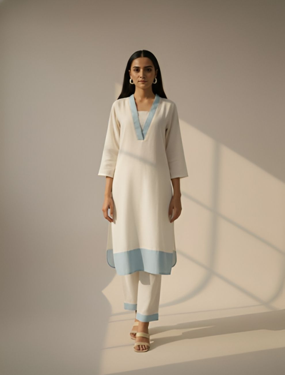 Ivory & Powder Blue Pure Cotton Kurta Set for Women – Elegant Everyday Wear