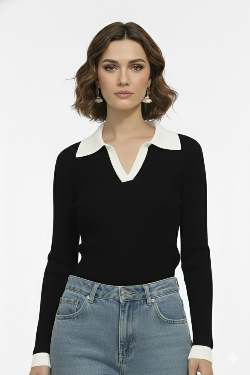 Women’s Rib Knit Collared Top – Smart Casual Essential