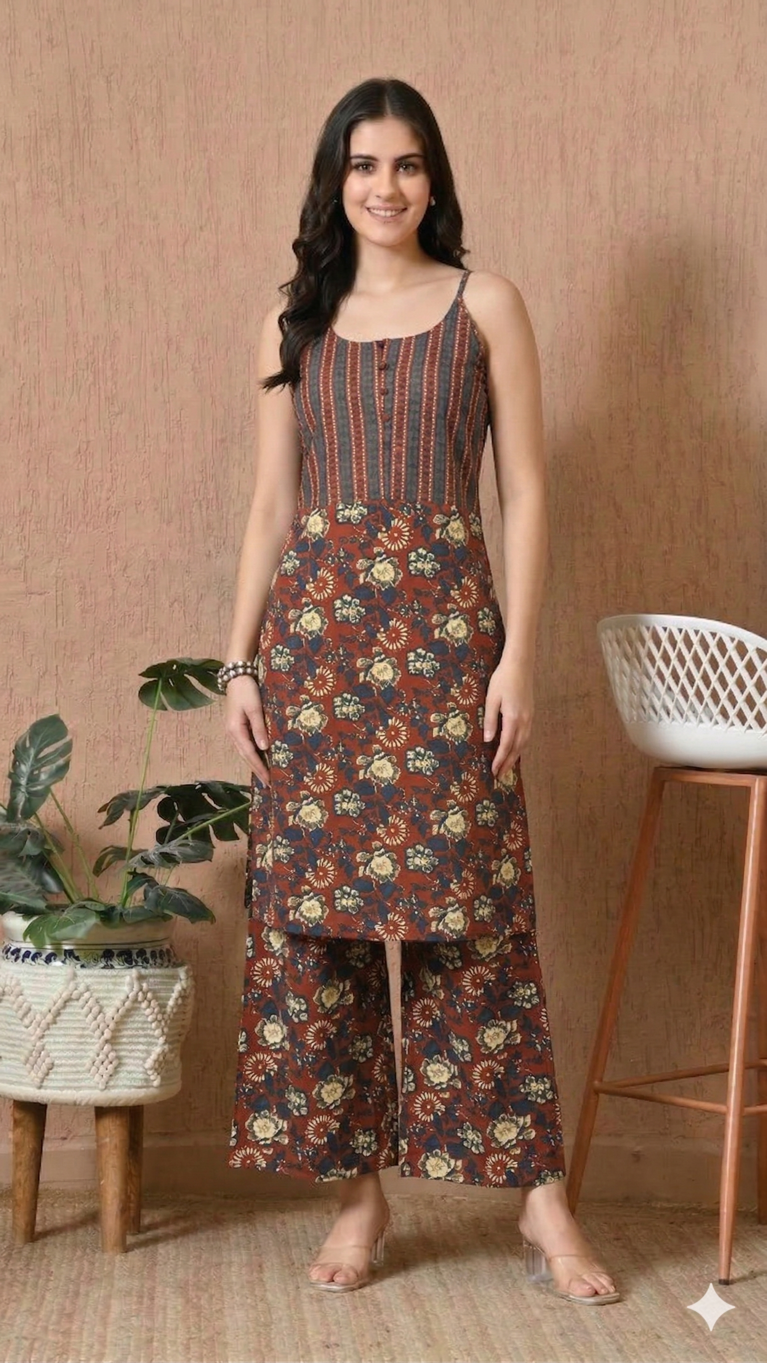 Brown Floral Printed Cotton Kurti for Women