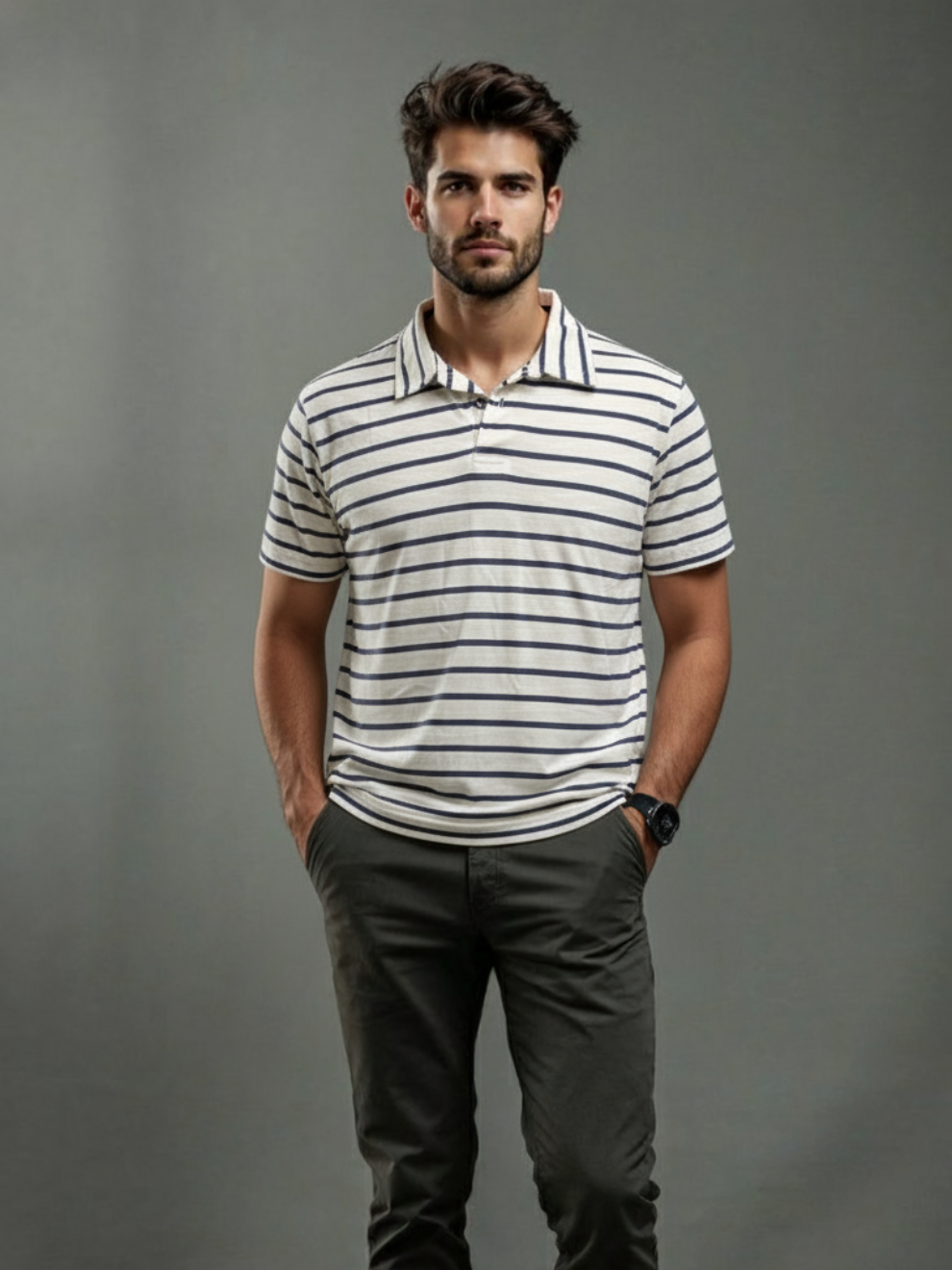 Men’s Striped Polo T-Shirt | Single Jersey Cotton | White & Navy Casual Tee | Unifringe