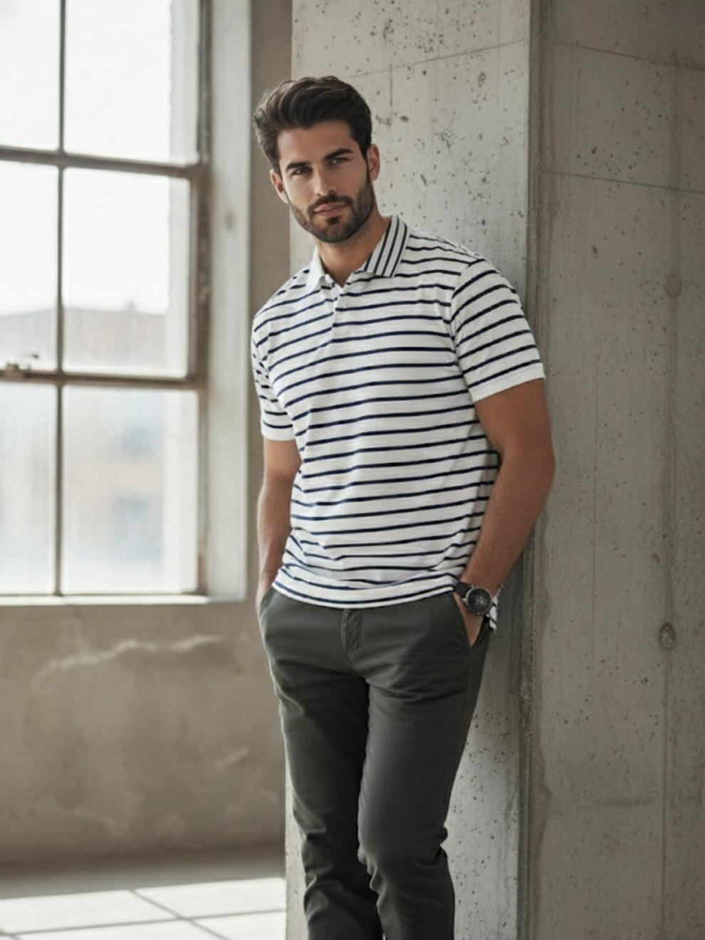 Men’s Striped Polo T-Shirt | Single Jersey Cotton | White & Navy Casual Tee | Unifringe
