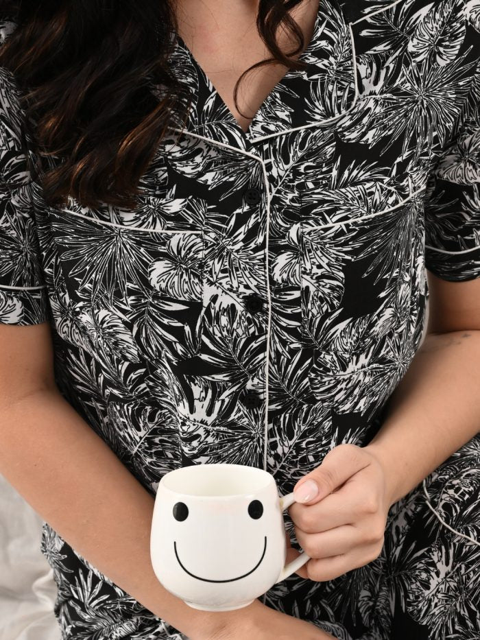 Unifringe Black Night Suit with White Leaves Print – Half