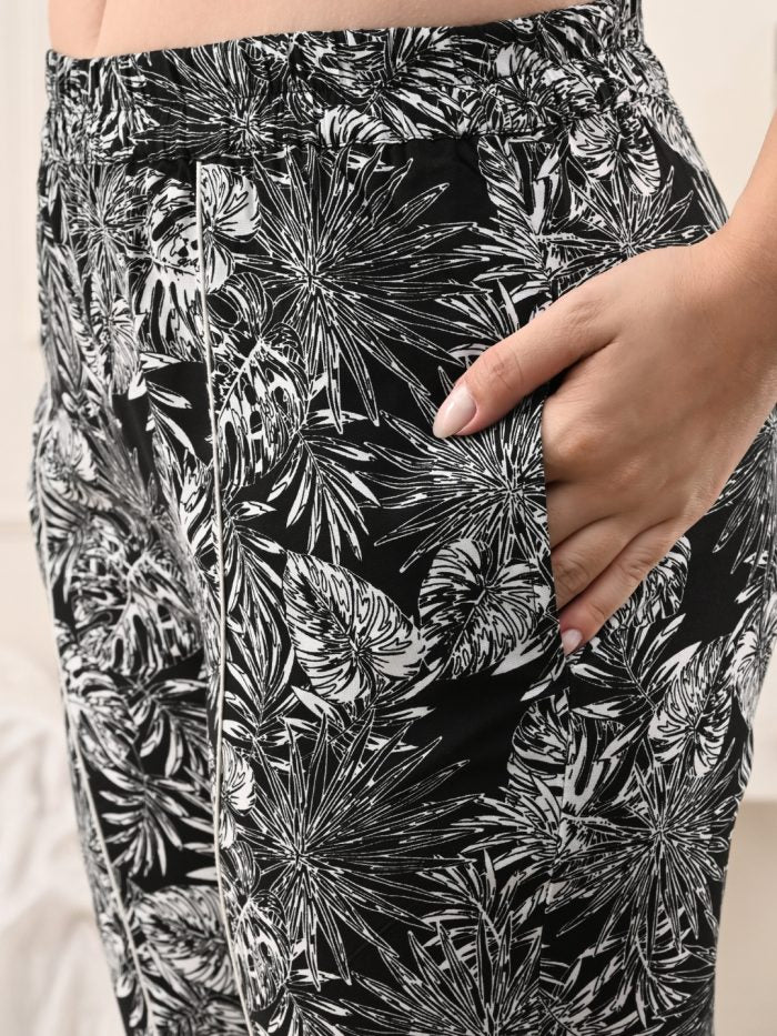 Unifringe Black Night Suit with White Leaves Print – Half