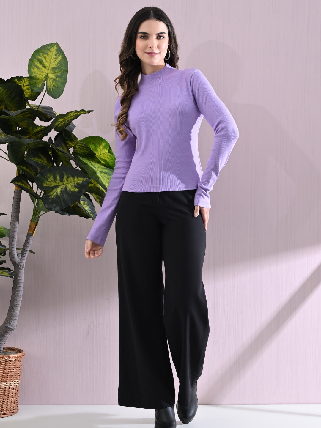 Women’s Knitted Regular Fit High-Neck Sweatshirt - Lavender