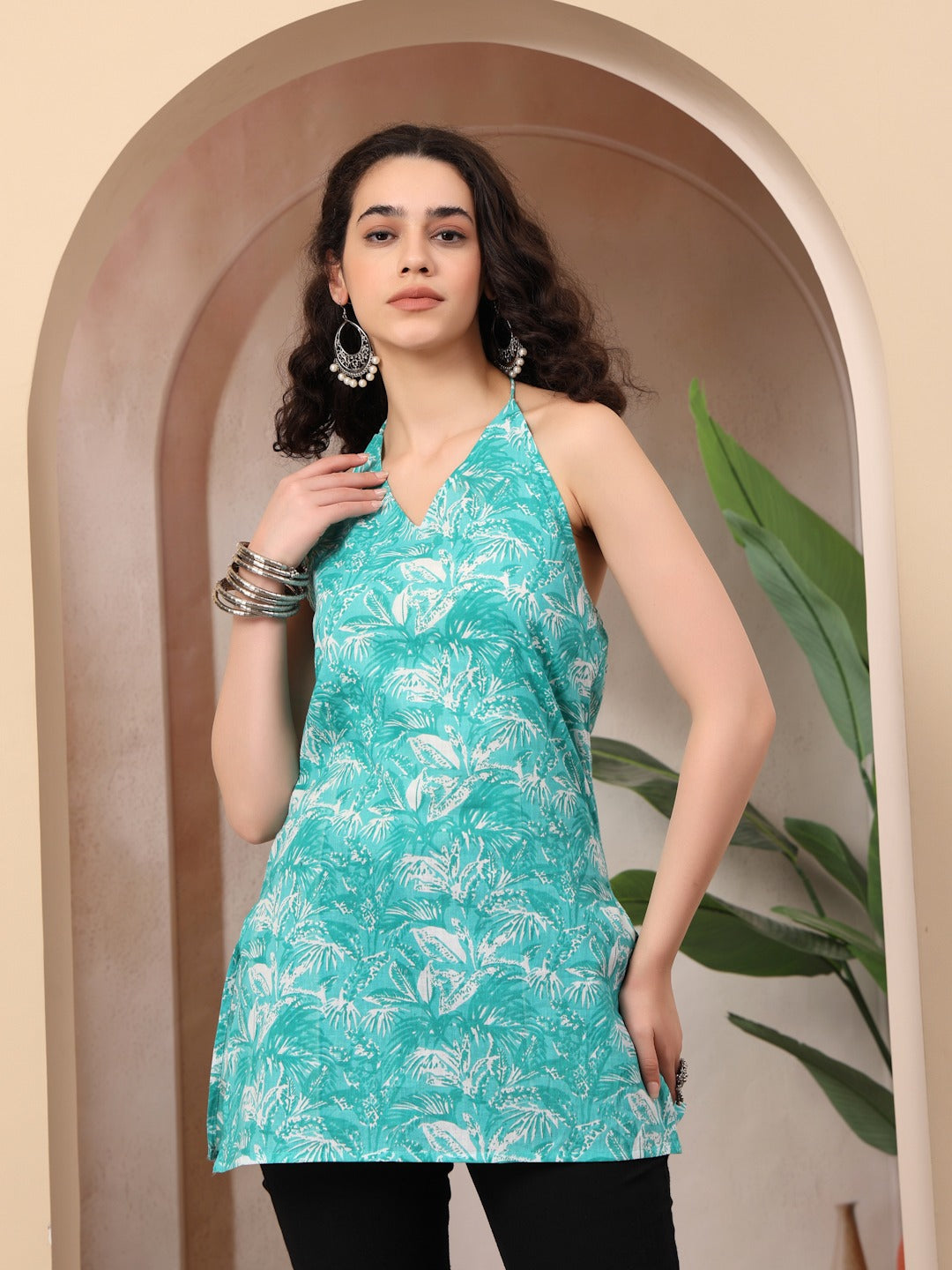 Turquoise Printed Cotton Halter Kurti for Women