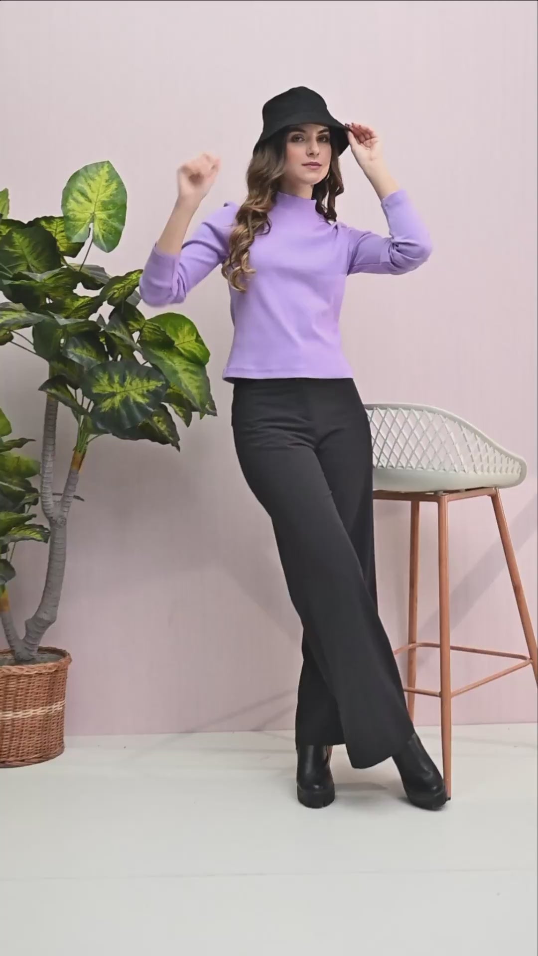  Women’s Knitted Regular Fit High-Neck Sweatshirt - Lavender