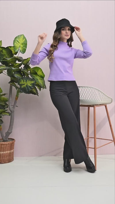  Women’s Knitted Regular Fit High-Neck Sweatshirt - Lavender