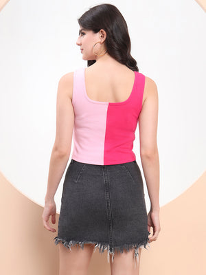 Pink Dual-Tone Sleeveless Crop Tank Top