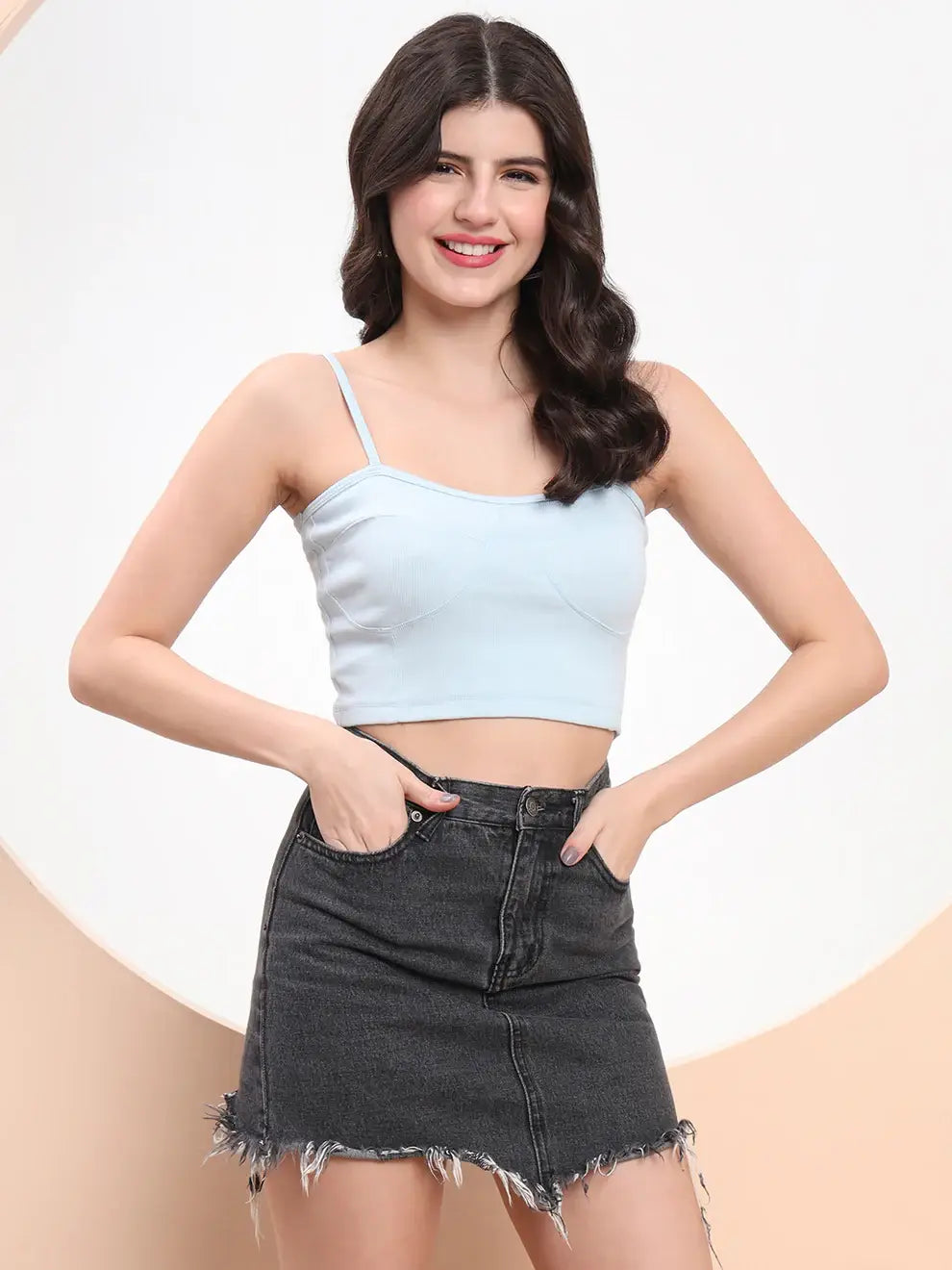 Sky Blue Ribbed Spaghetti CORSET Crop Top