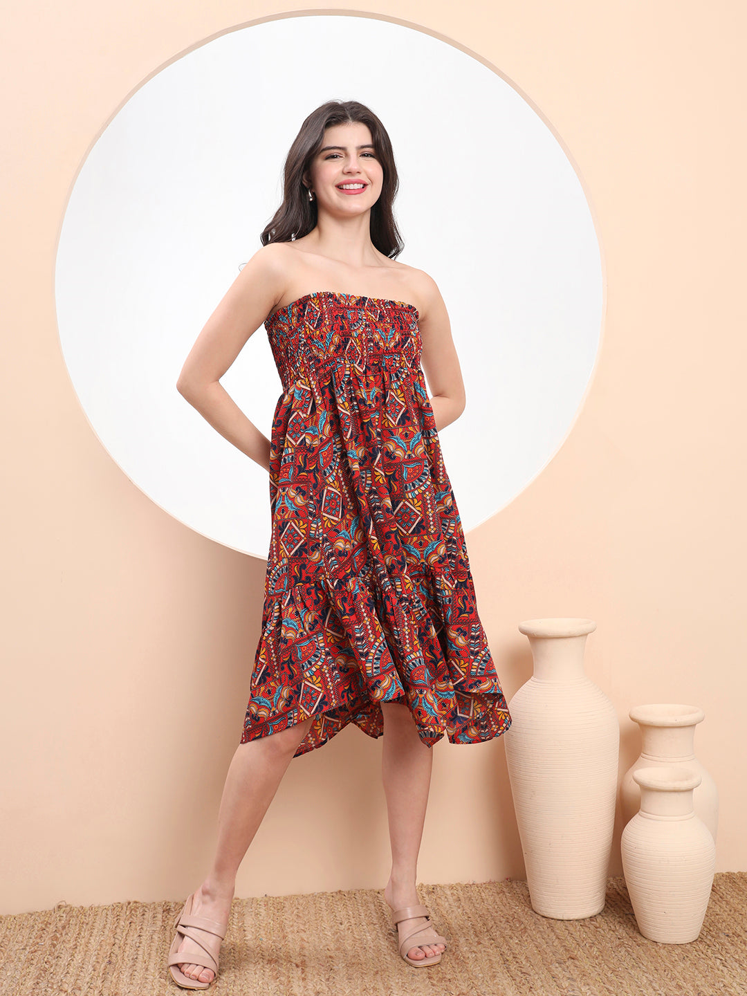 Boho Breeze – Tribal Strapless Ruffle Hem Dress