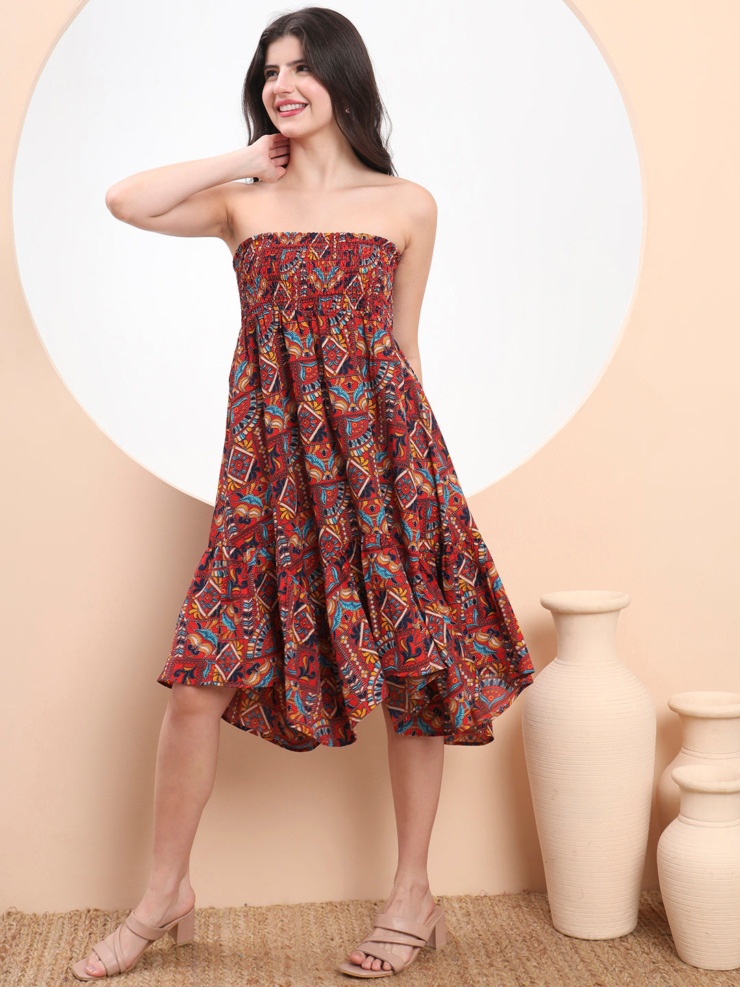 Boho Breeze – Tribal Strapless Ruffle Hem Dress