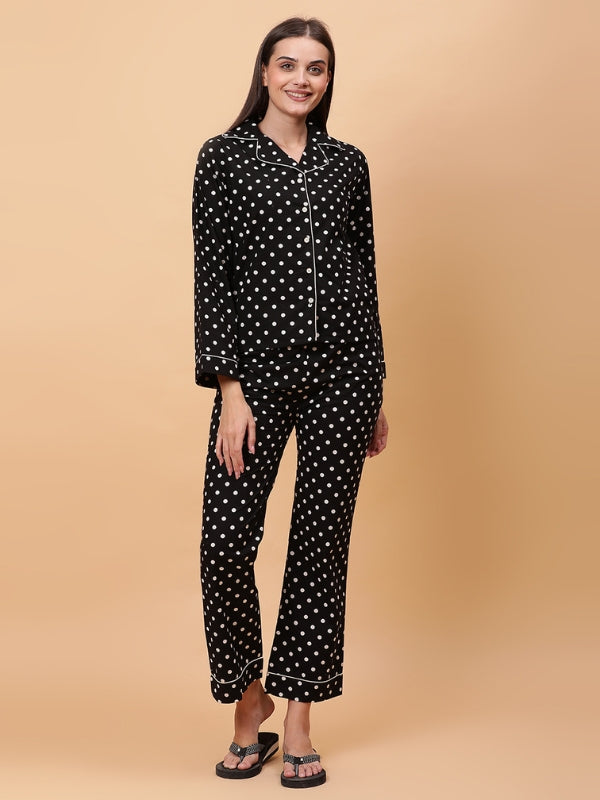 Black Polka Dot Poplin Cotton Night Suit for Women