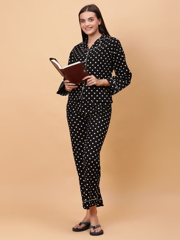 Black Polka Dot Poplin Cotton Night Suit for Women